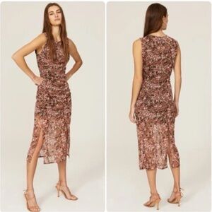 Saunders X RTR Ditzy Floral Mesh Dress Ruched Lined Slit Partially Sheer Size 12
